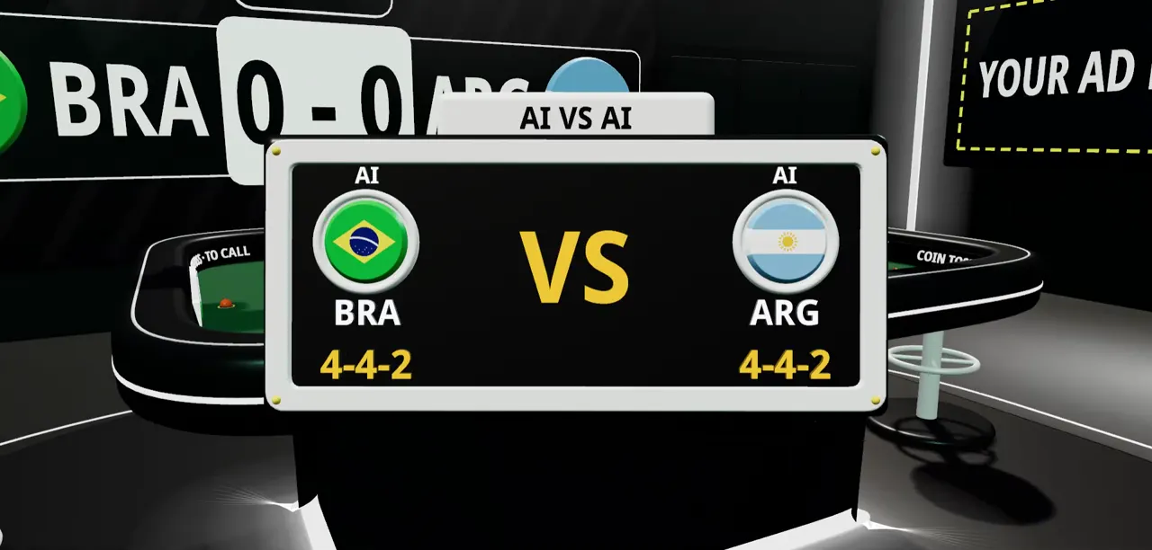 The matchup card, AI vs. AI: Brazil vs. Argentina, both in 4-4-2